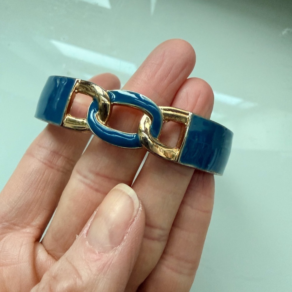 80’s Vintage Anne Klein Navy Blue Enamel & Gold Tone Hinge Cuff Bangle
